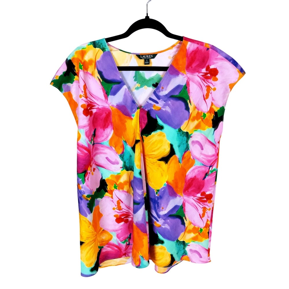 Lauren Ralph Lauren‎ Floral V-Neck Cap Sleeve Top Size Medium Multicolor